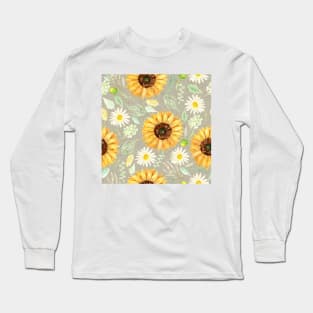 Sunflowers and Daisies | Watercolor | Art | Pattern | Grey Texture Long Sleeve T-Shirt